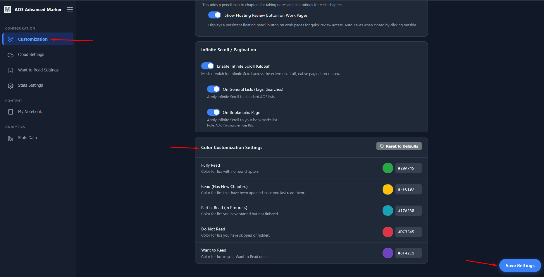 Color Customization Settings