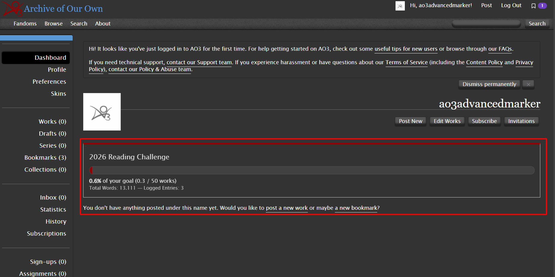 Stats Widget injected on the AO3 User Dashboard