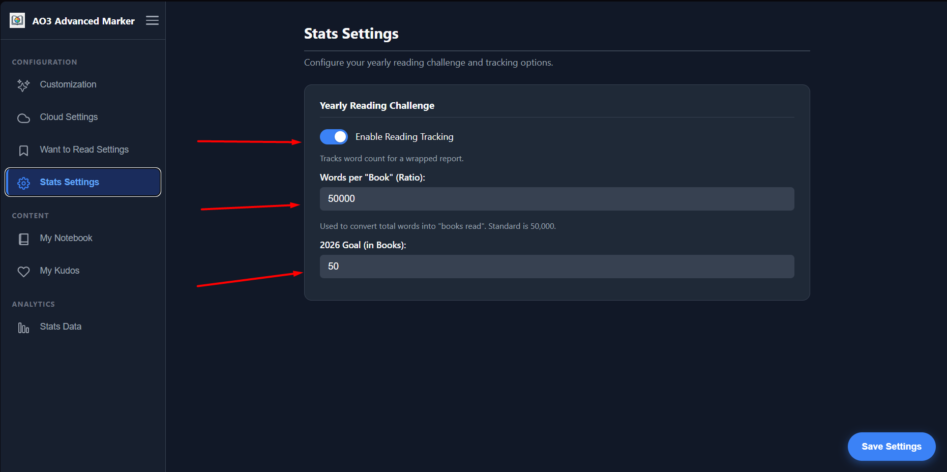 Stats Settings panel inside the extension Options Page