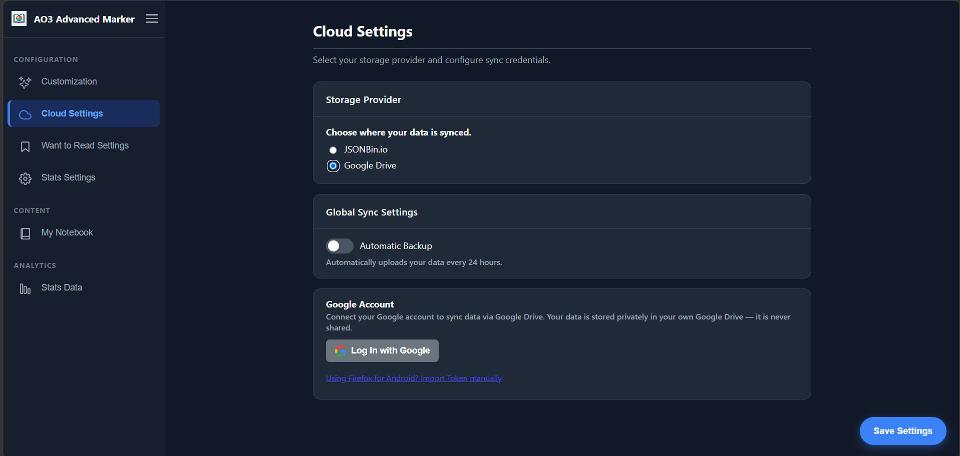 Google Drive Storage Provider Settings