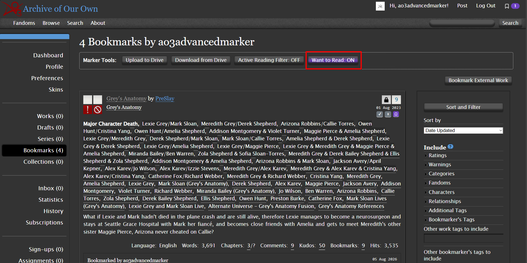 WTR filter on bookmarks page