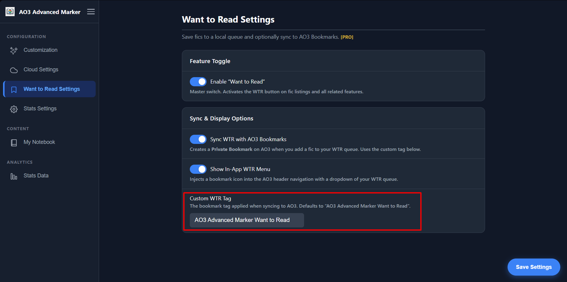 Custom WTR Tag setting
