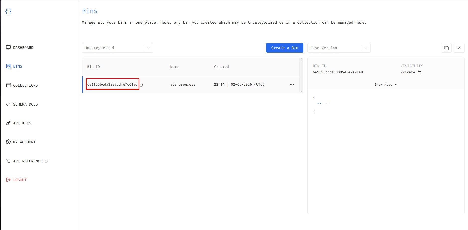 Locating the Bin ID on JSONBin dashboard