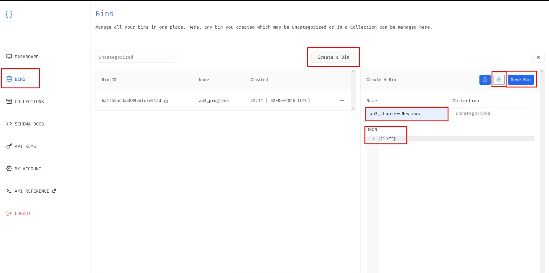 Creating a new Bin on JSONBin.io dashboard