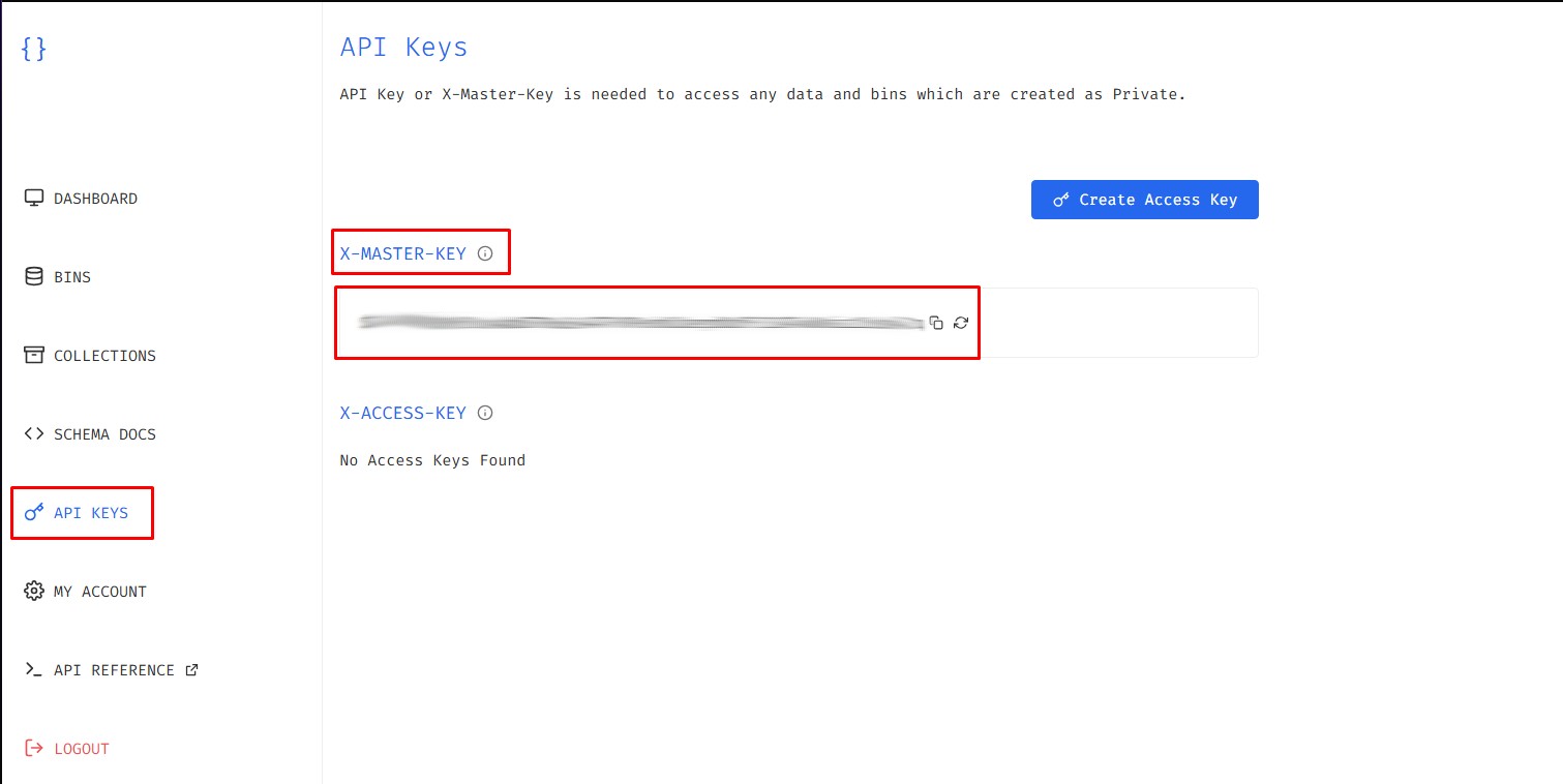Locating the Master Key in JSONBin API Keys tab