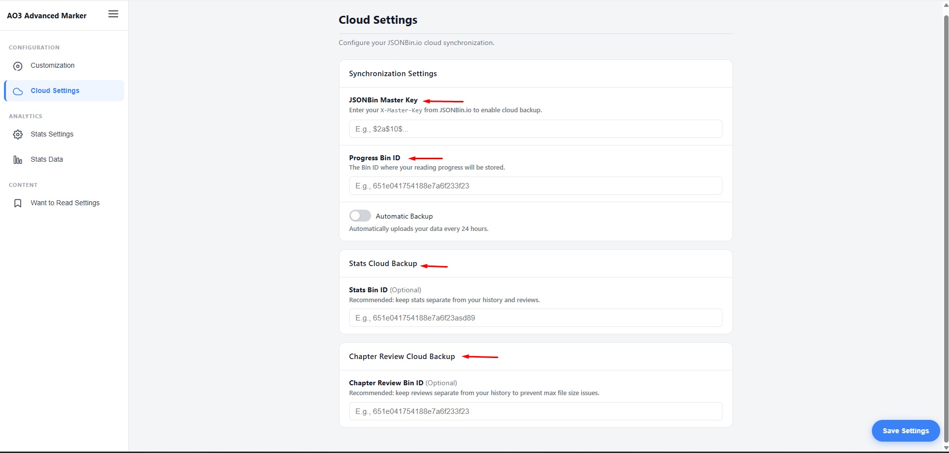 Extension Options Dashboard showing Cloud Settings tab